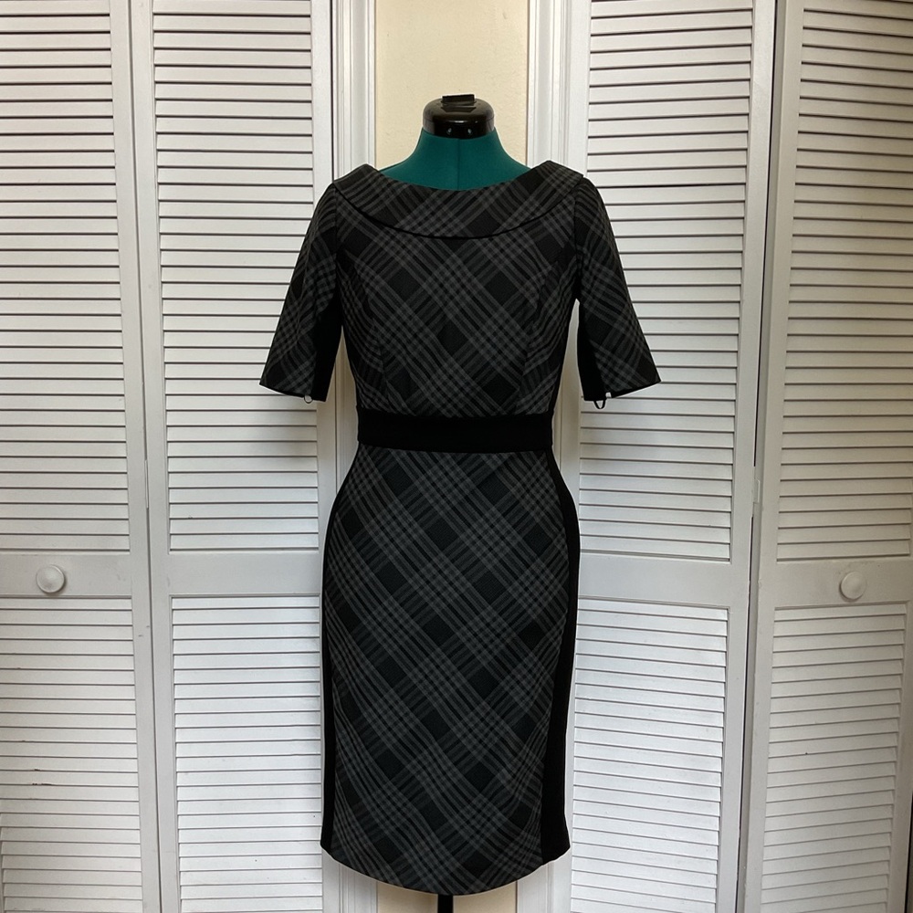 White House Black Market Black and Gray Plaid Midi Dress
